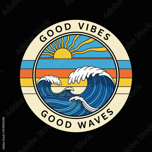 Good Vibes, Good Waves Retro Ocean Sunset Illustration