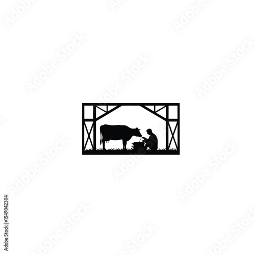 Silhouette of a farmer milking a cow in a barn on white background