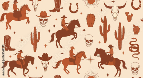 Wild West Cowboys Riding Horses Seamless Pattern Desert Cactus and Skull Design