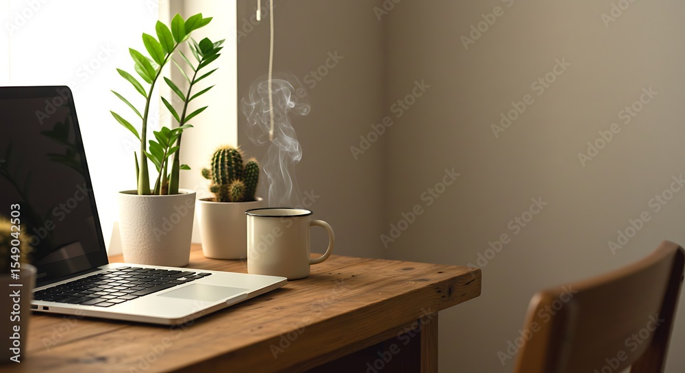 Fototapeta premium lo fi workspace, laptop, coffee, plants