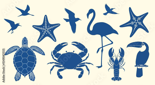 Blue Silhouette Ocean Wildlife Sea Turtle, Flamingo, Starfish, Birds, Crab, Lobster, Toucan Illustration