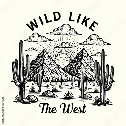 Wild West Desert Landscape Hand-Drawn Mountains, Cacti, and Sunset Illustration