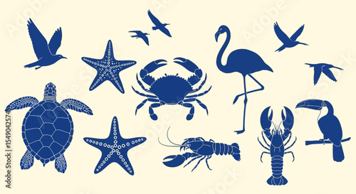 Coastal Creatures A Collection of Blue Silhouette Illustrations
