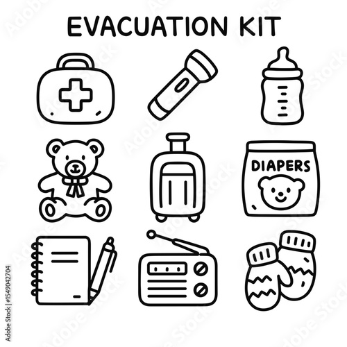Evacuation kit icons featuring essentials like first aid and flashlight  