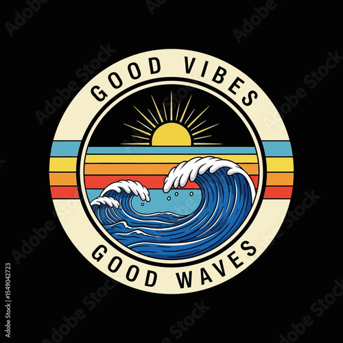 Good Vibes, Good Waves Retro Sunset Ocean Wave Illustration