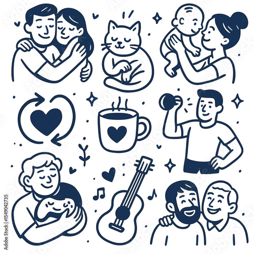 Family members expressing love and happiness in doodle vector icon set  