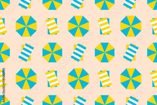 Seamless pattern of beach umbrellas and mats in yellow and blue tones on a sandy background