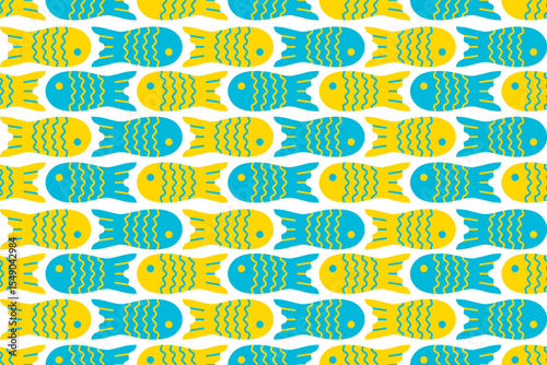 Seamless pattern of alternating yellow and blue fish forming elegant waves on a white background, ideal for marine themes.
