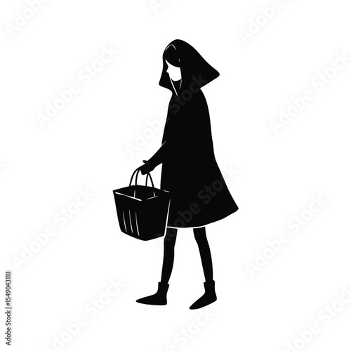 Black and white silhouette art of a woman wearing a hooded cloak carrying a basket walking toward the right