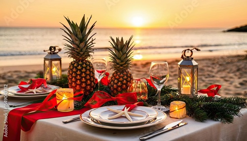 Fototapeta Naklejka Na Ścianę i Meble -  Christmas party table on sandy beach at sunset with pineapples, candles, lanterns, plates, glasses, and holiday decorations.
