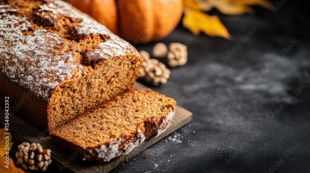 Fototapeta premium This mouth-watering image highlights a freshly baked pumpkin bread, beautifully arranged with autumn leaves and nuts, embodying the warmth and richness of fall flavors.