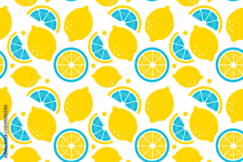 Seamless pattern of full, halved, and sliced lemons in yellow and blue tones on a fresh white background.