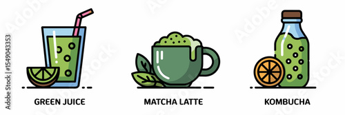 Clean vector icons of labeled healthy beverages: green juice, matcha latte, kombucha