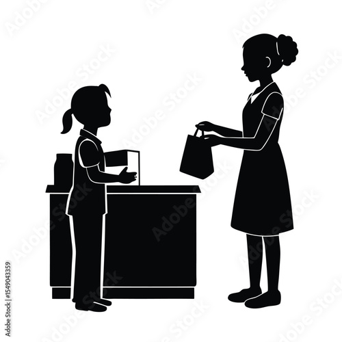 Customer service scene depicting a silhouette art of cashier and shopper interaction