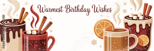 winter birthday card featuring hot chocolate, mulled wine, and chai tea vector icons – perfect for seasonal greetings, cozy lifestyle, or beverage branding