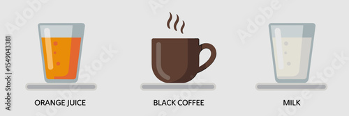 clean vector icon set of orange juice, black coffee, and milk – perfect for breakfast branding, minimalist design, or food and beverage projects