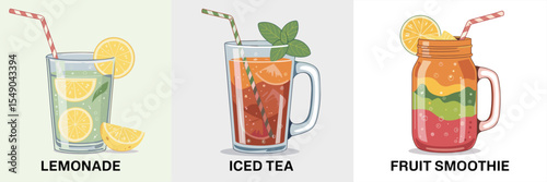 Trio of summer drinks with lemonade, iced tea, and fruit smoothie – Great for beverage branding, summer promotions, or café menus