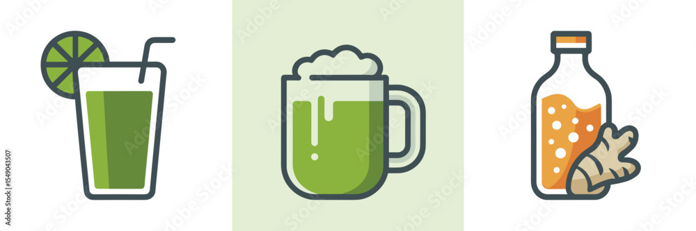 Healthy drink icons featuring green juice, matcha latte, and kombucha Healthy drink icons featuring green juice, matcha latte, and kombucha