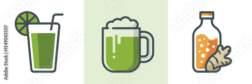 Healthy drink icons featuring green juice, matcha latte, and kombucha