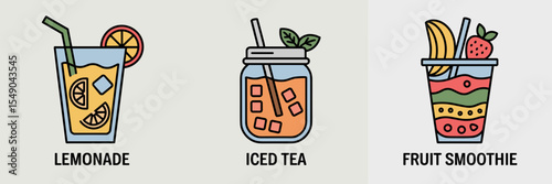 Vector icon set of summer drinks with lemonade, iced tea, and smoothie – Suitable for drink menus, branding, or lifestyle design projects