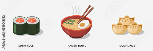 Minimalist Asian cuisine icons featuring sushi, ramen, and dumplings – Suitable for food packaging, app design, or restaurant menus