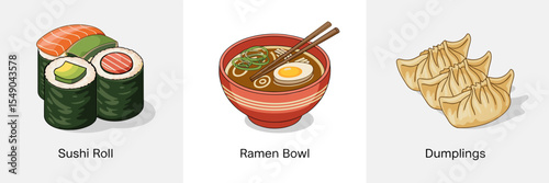 Asian food icon set with sushi roll, ramen bowl, and dumplings – Ideal for restaurant branding, digital menus, or foodie illustrations