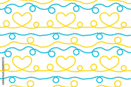 Seamless summer pattern of yellow and blue nautical ropes with straight lines, circular loops, and heart shapes on white.