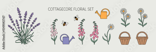 Cottagecore floral vector icon sheet with lavender, foxglove, and chamomile – Great for DIY packaging, eco-friendly branding, or cottagecore blogs