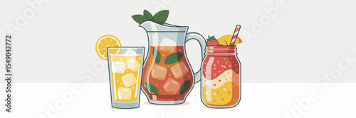 Refreshing summer drink trio with lemonade, iced tea, and smoothie