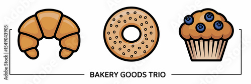 Vector bakery icon set with croissant, sesame bagel, and blueberry muffin – Perfect for café menus, digital platforms, or bakery advertisements