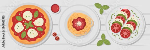 Minimalist Italian food icons with pizza, spaghetti, and Caprese salad – Great for digital menus, food blogs, or Mediterranean recipe content