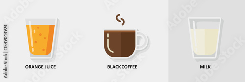 minimalist vector icons of orange juice, black coffee, and milk on clean white background – suitable for app design, beverage marketing, or modern branding