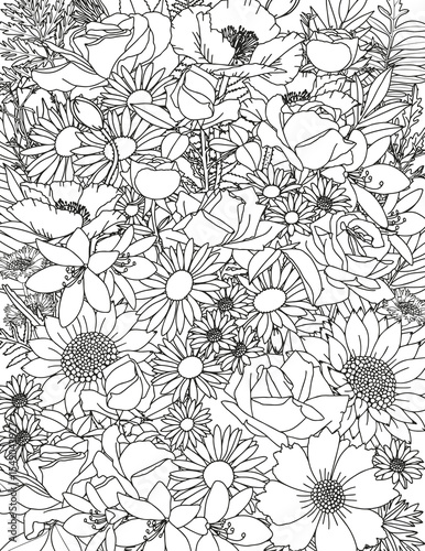 Abstract floral background. Pattern of different flowers. Coloring page for adults and children.
