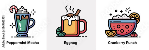 festive vector icons of eggnog peppermint mocha and cranberry punch – perfect for holiday marketing branding or seasonal promotions