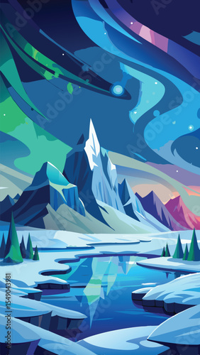 Cartoon Aurora Borealis Vertical Wallpaper. Portrait Vector Illustration of a Snowy Arctic Night. Magical Polar Landscape for Phone Screen