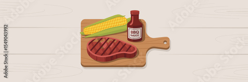 Classic BBQ icon set with steak, corn, and BBQ sauce on woodgrain background – Ideal for food blogs, grilling infographics, or summer party invitations