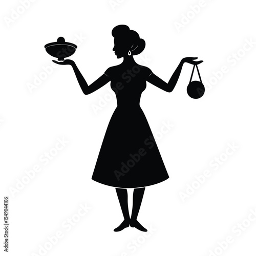 Elegant black silhouette art depicting a woman holding a bowl and a purse with a classic vintage aesthetic