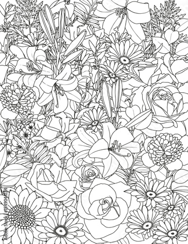 Abstract floral background. Pattern of different flowers. Coloring page for adults and children.