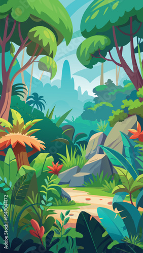 Cartoon Forest and Jungle Vertical Scenery. Portrait Vector Illustration of Tropical and Temperate Woods. Nature Wallpaper for Phone Story