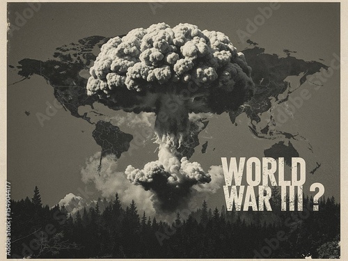 Dramatic WWIII propaganda poster featuring a world map engulfed by nuclear mushroom cloud and blast waves. Ideal for political documentaries, anti-war campaigns, dystopian book covers, and historical 