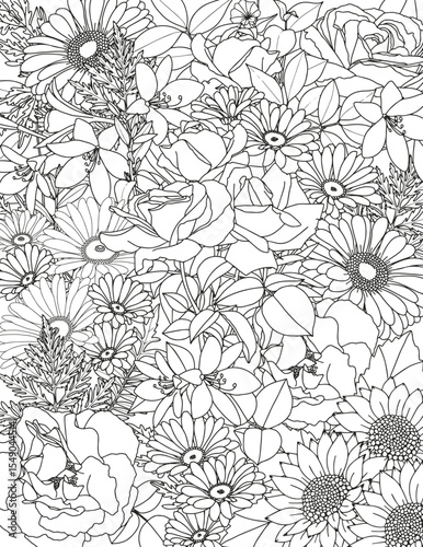 Abstract floral background. Pattern of different flowers. Coloring page for adults and children.