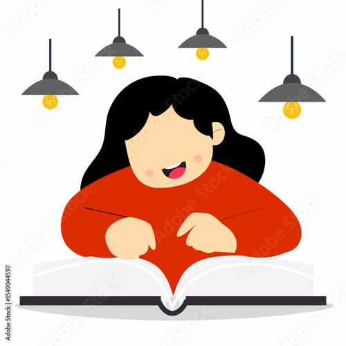 A children reading book under many lamps. Preschool education concept.