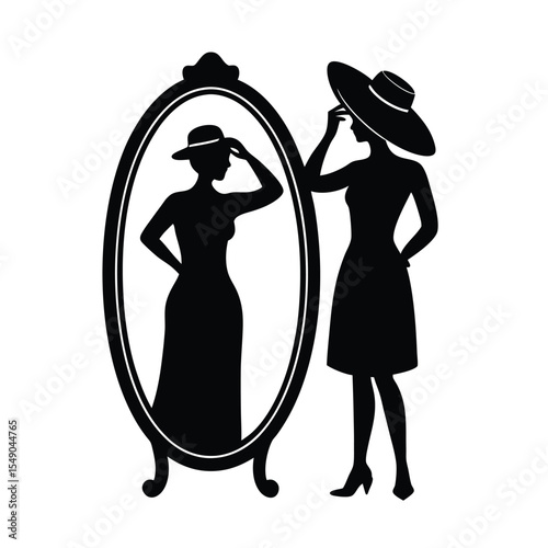 Elegant silhouette art depicting a woman admiring herself in an oval mirror reflecting timeless beauty