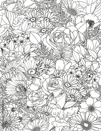 Abstract floral background. Pattern of different flowers. Coloring page for adults and children.