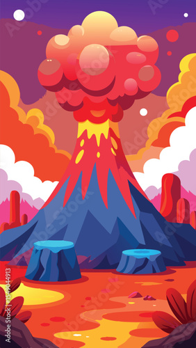 Vertical Cartoon Volcano Eruption Scene. Portrait Vector Landscape with Lava and Smoke for Mobile Screen. Cute but Dangerous Nature Wallpaper