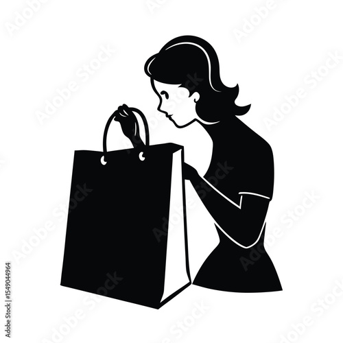 Elegant silhouette art depicting a woman examining contents of a shopping bag after retail therapy