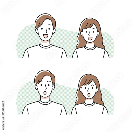 喜びと驚きの男女ペアのイラストセット