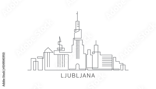 Ljubljana stroke, single art skyline. Continuous urban panorama silhouette outline, vector illustration of Slovenia city with buildings, skyscrapers. Thin line icon, logo, card