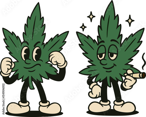 Funny Cannabis Leaf Characters – Retro Marijuana Mascots with Cigar and Cool Attitude
