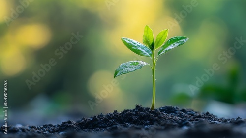 Young green plant sprout growing in fresh soil with blurred bokeh background for sustainability nature eco concept